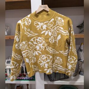 Cyrus Floral Mustard Cropped Cowl Neck Sweater Size Small